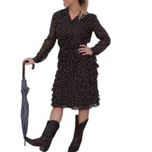 Vintage Brown White Polka Dot Ruffle Skirt Mr Mench Shirt Dress Med/Large